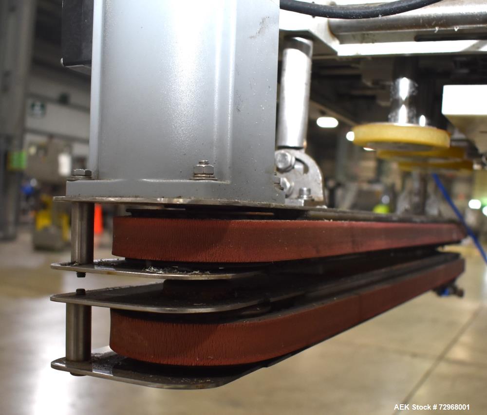 Used Accutek Inline Quill Capper, Model A-17. Set-up with 6-spindles and side-belt container transfer. Approximate speed 200 CPM. Approximate cap size range: 10mm to 120mm. Includes Accutek waterfall...