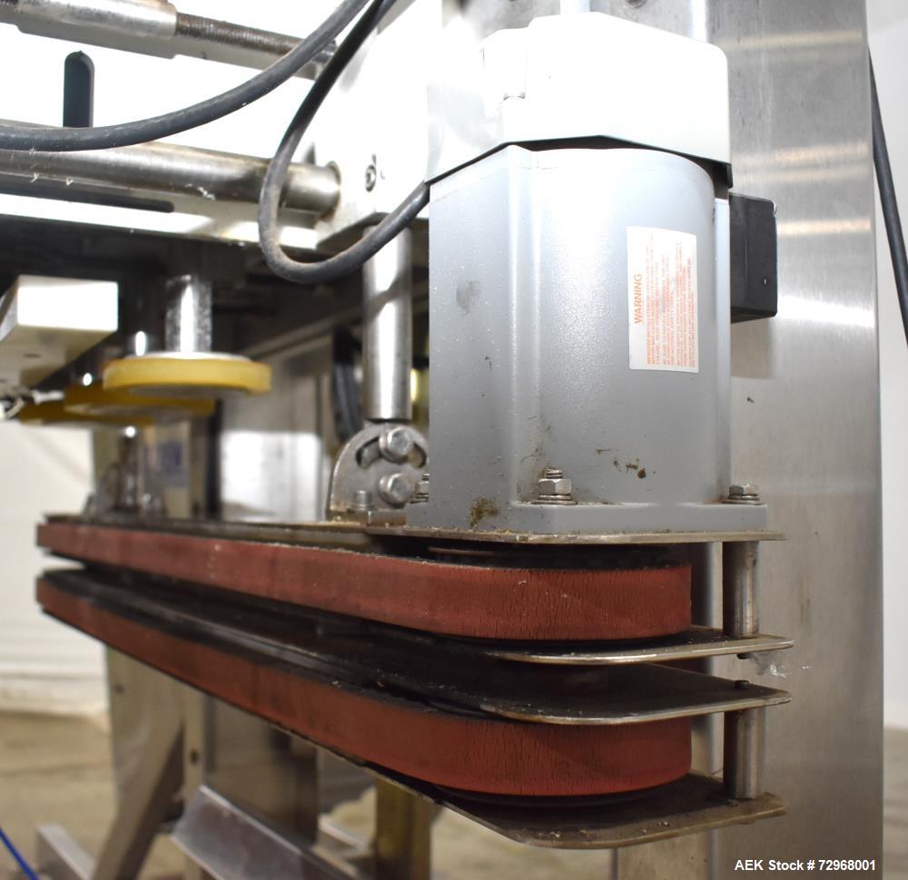 Used Accutek Inline Quill Capper, Model A-17. Set-up with 6-spindles and side-belt container transfer. Approximate speed 200 CPM. Approximate cap size range: 10mm to 120mm. Includes Accutek waterfall...
