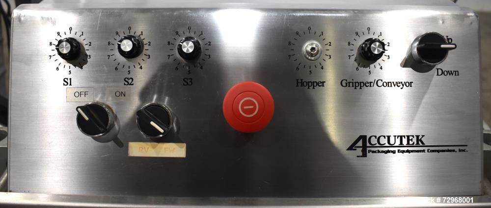 Used Accutek Inline Quill Capper, Model A-17. Set-up with 6-spindles and side-belt container transfer. Approximate speed 200 CPM. Approximate cap size range: 10mm to 120mm. Includes Accutek waterfall...