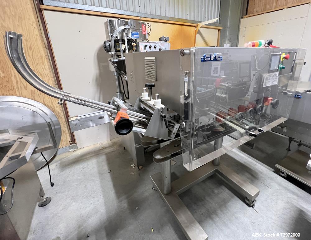 Used CVC Technologies Model CVC1205 IN-Line Spindle Capper. Capable of speeds up to 120 Bottles per minute (BPM). Cap diameter: 1 to 4-1/4" (25mm - 108mm). Cap height: 1/2 to 3/4" (13 - 19mm). Bottle...