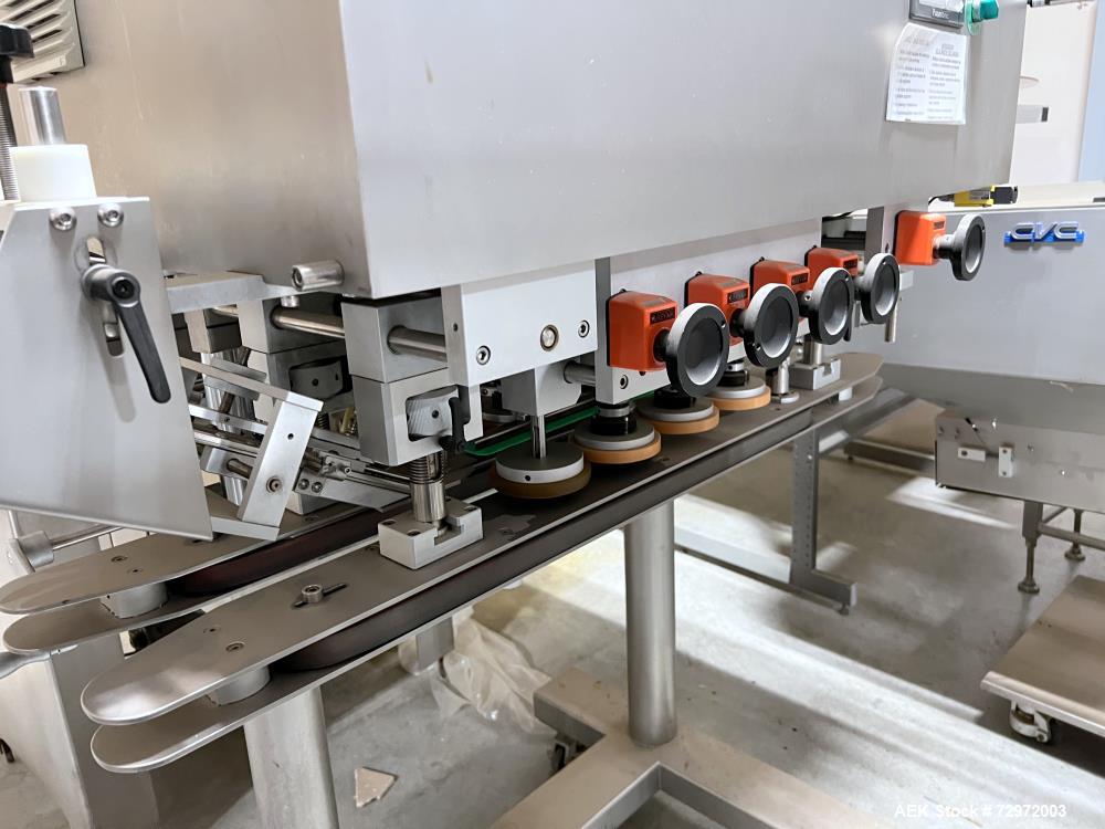 Used CVC Technologies Model CVC1205 IN-Line Spindle Capper. Capable of speeds up to 120 Bottles per minute (BPM). Cap diameter: 1 to 4-1/4" (25mm - 108mm). Cap height: 1/2 to 3/4" (13 - 19mm). Bottle...