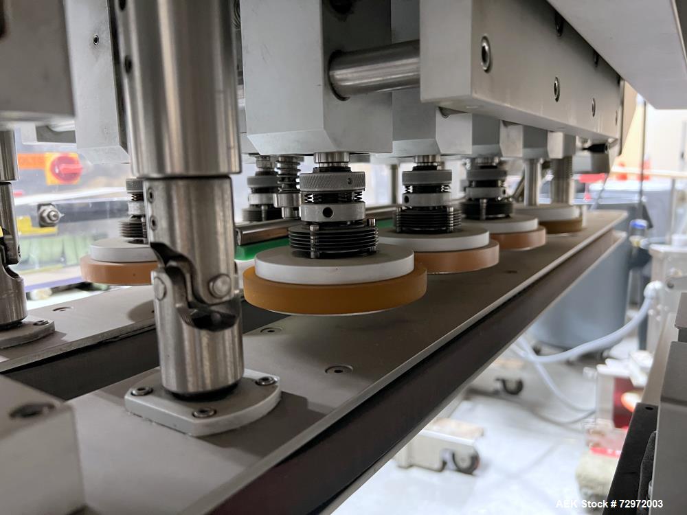 Used CVC Technologies Model CVC1205 IN-Line Spindle Capper. Capable of speeds up to 120 Bottles per minute (BPM). Cap diameter: 1 to 4-1/4" (25mm - 108mm). Cap height: 1/2 to 3/4" (13 - 19mm). Bottle...