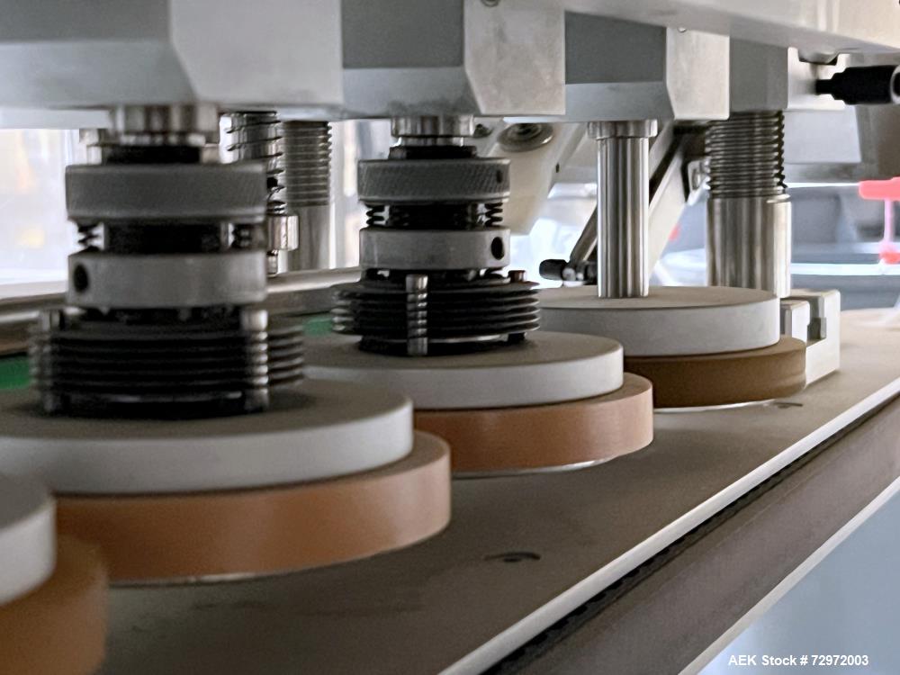 Used CVC Technologies Model CVC1205 IN-Line Spindle Capper. Capable of speeds up to 120 Bottles per minute (BPM). Cap diameter: 1 to 4-1/4" (25mm - 108mm). Cap height: 1/2 to 3/4" (13 - 19mm). Bottle...