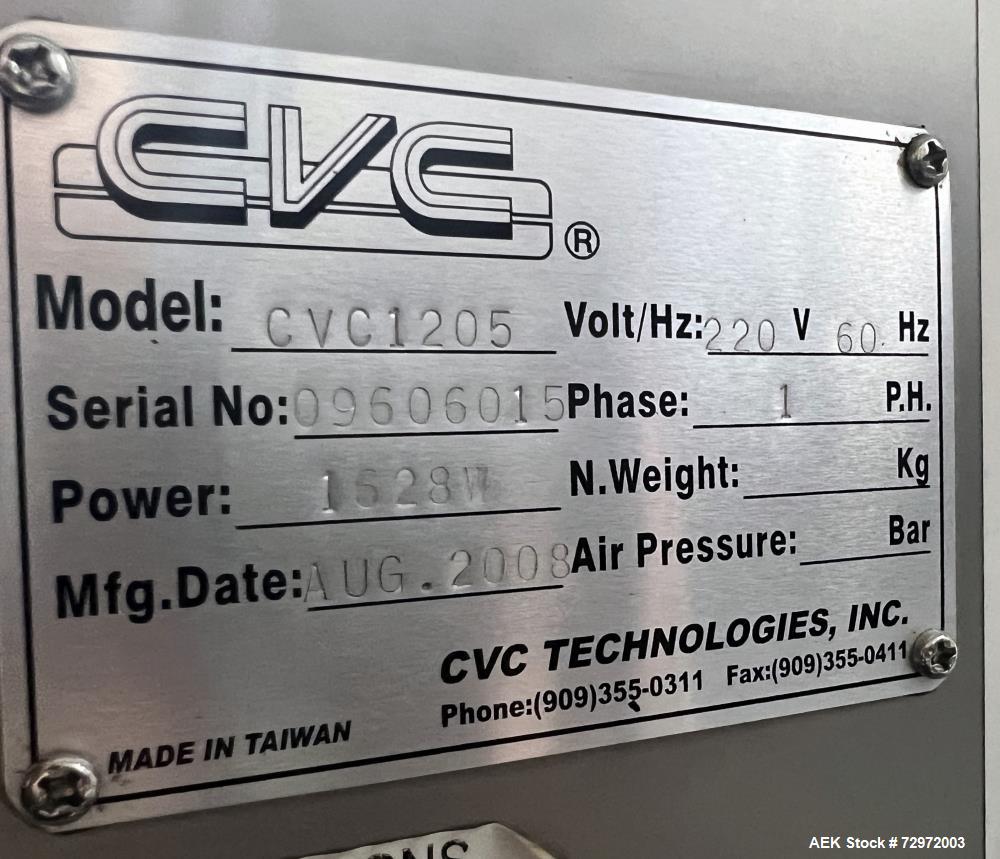 Used CVC Technologies Model CVC1205 IN-Line Spindle Capper. Capable of speeds up to 120 Bottles per minute (BPM). Cap diameter: 1 to 4-1/4" (25mm - 108mm). Cap height: 1/2 to 3/4" (13 - 19mm). Bottle...