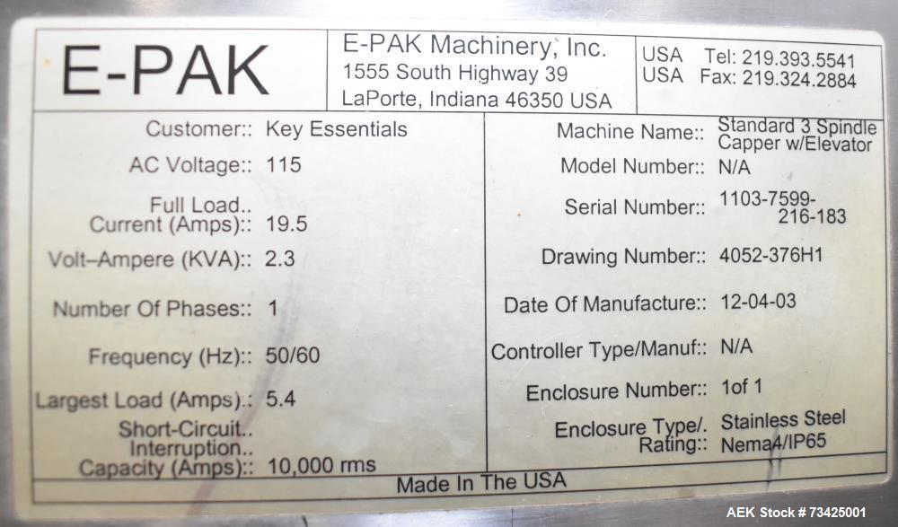 Used E-Pak Model 3 Automatic Spindle Capper with Elevator & Sorter