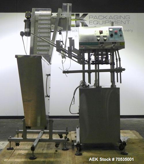 Used Inline Filling Systems Automatic Belt Capper. Machine is rated at up to 200 caps per minute depending on cap size and container configuration. Capper main unit can handle a cap size range up to ...