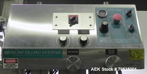 Used Inline Filling Systems Automatic Belt Capper. Machine is rated at up to 200 caps per minute depending on cap size and container configuration. Capper main unit can handle a cap size range up to ...