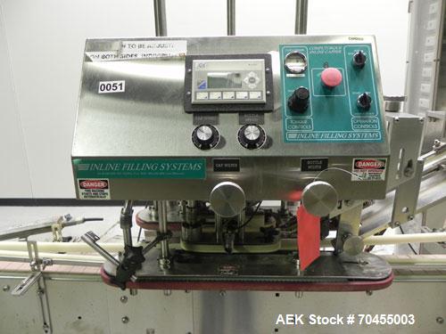 Used Inline Filling Systems inline belt capper with automatic cleated belt cap elevator. Capable of speeds up to 200 CPM (depending on cap size and container configuration). Has a container size rang...