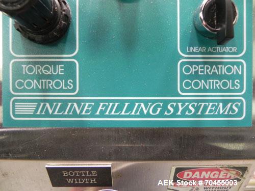 Used Inline Filling Systems inline belt capper with automatic cleated belt cap elevator. Capable of speeds up to 200 CPM (depending on cap size and container configuration). Has a container size rang...