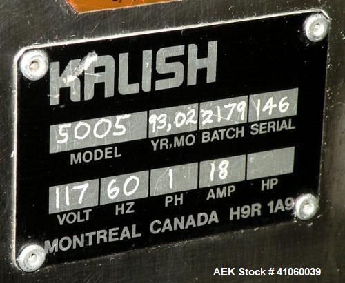 Used Kalish High Speed In Line Capper, 8 Quill, Model 5005, Stainless Steel. Last running 0 to 7-1/2" 946 ml bottles. Dual bottle feed belts. Includes a Kalish cap elevator, model 5650. Driven by a 1...
