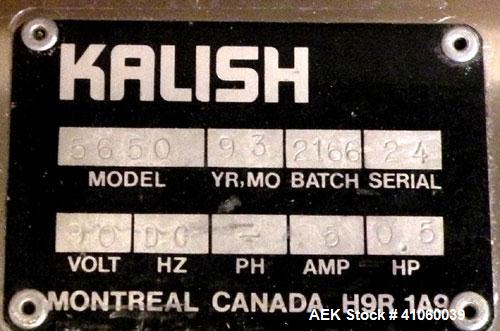 Used Kalish High Speed In Line Capper, 8 Quill, Model 5005, Stainless Steel. Last running 0 to 7-1/2" 946 ml bottles. Dual bottle feed belts. Includes a Kalish cap elevator, model 5650. Driven by a 1...