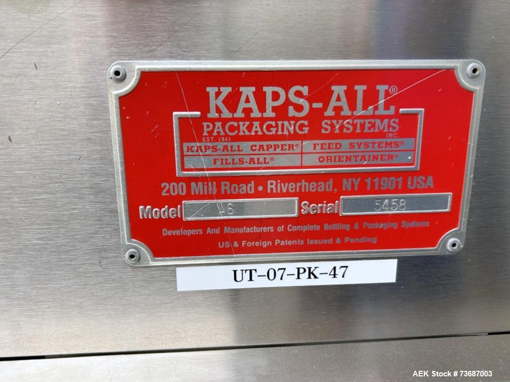 Used Kaps-All Model A6 Automatic Inline 6-Spindle Quill Capper. Machine capable of speeds from 20 to 200 bottles per minute (vary based on bottle and cap size). Can handle caps of all materials from ...