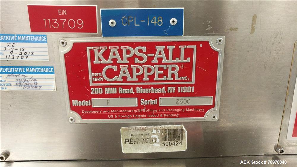 Used-Kaps-All Automatic In-Line Quill Capper, Model E. 2 pair quills,  Includes top-mounted centrifugal cap sorter, cap chut...