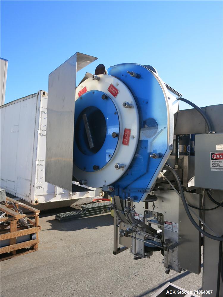 Used Pack West Model Auto 120 capper capable of speeds from 80 - 150 caps per minute. Cap size range: 10mm - 120mm with changeparts.  In-Line Cappe, 6 Quill capper, dual gripper belt, gripper speed c...