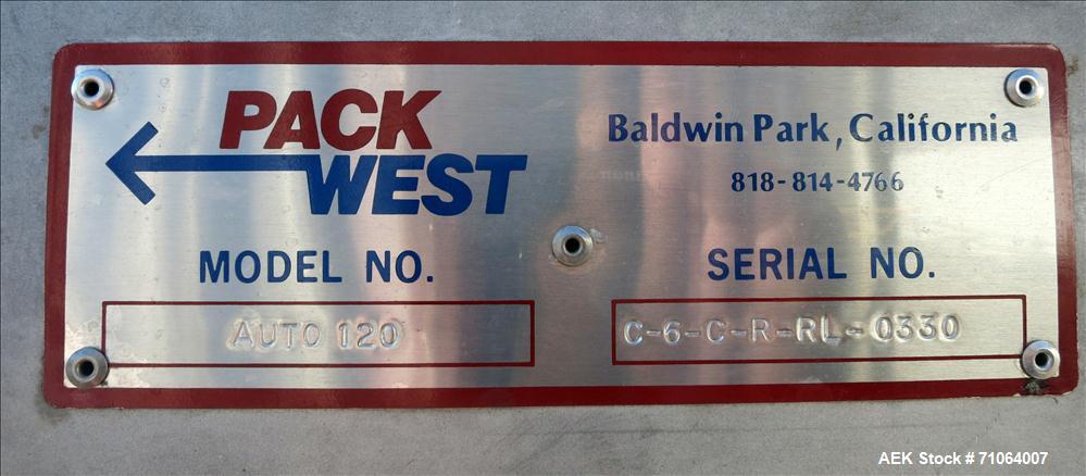 Used Pack West Model Auto 120 capper capable of speeds from 80 - 150 caps per minute. Cap size range: 10mm - 120mm with changeparts.  In-Line Cappe, 6 Quill capper, dual gripper belt, gripper speed c...