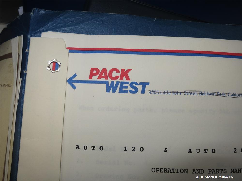Used Pack West Model Auto 120 capper capable of speeds from 80 - 150 caps per minute. Cap size range: 10mm - 120mm with changeparts.  In-Line Cappe, 6 Quill capper, dual gripper belt, gripper speed c...