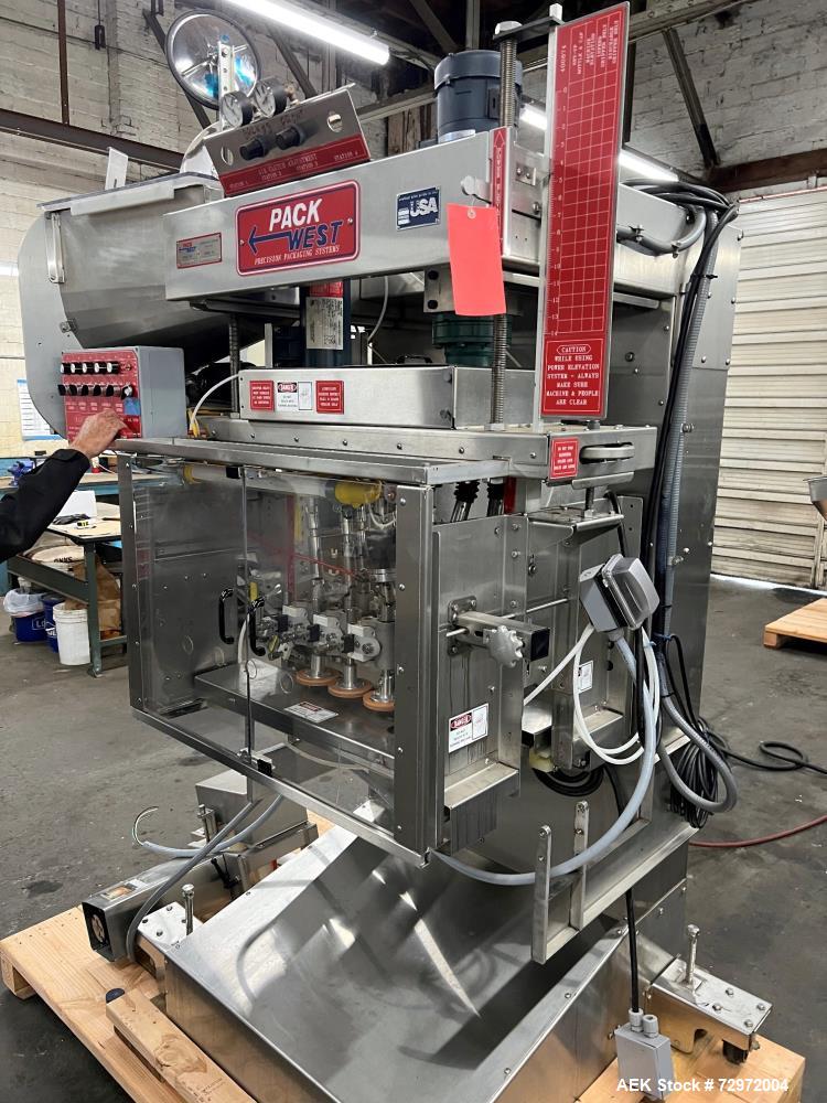 Used Pack West Model Auto 120Left to Right Automatic Inline Spindle Capper. Six (6) quill tighteners. Machine is capable of speeds from 80 to 150 caps per minute. Has a cap size range of 10mm to 120m...