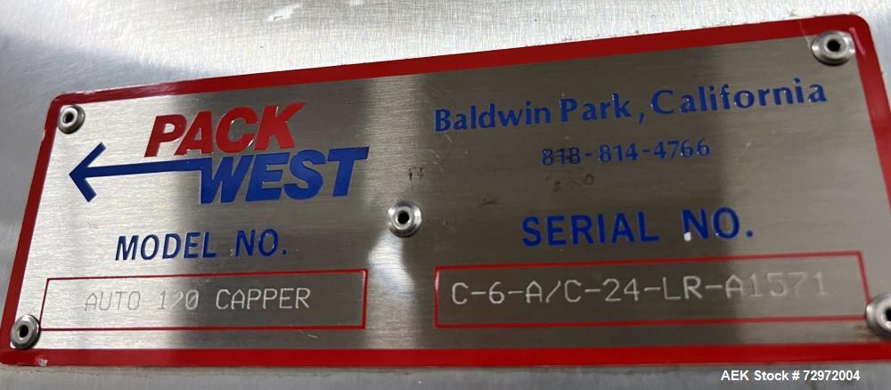 Used Pack West Model Auto 120Left to Right Automatic Inline Spindle Capper. Six (6) quill tighteners. Machine is capable of speeds from 80 to 150 caps per minute. Has a cap size range of 10mm to 120m...