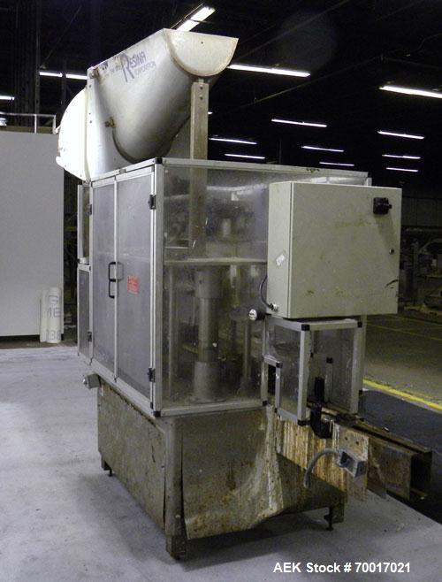 Used Resina In-Line Quill Style Capper, Model NRU-30LH49. (3) Sets of 2 quills, rates up to approximately 300 caps per minute. Adjustable from 10-70mm caps depending on change parts. Includes a pin s...