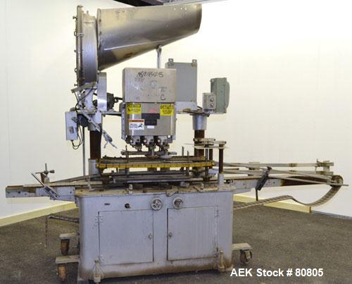 Used Resina Model U-30 Inline Quill Style Capper. Manufacturer rates at up to approximately 250 caps per minute on 13 mm to 38 mm or 43 mm to 70 mm cap size ranges, depending on change parts. This mo...
