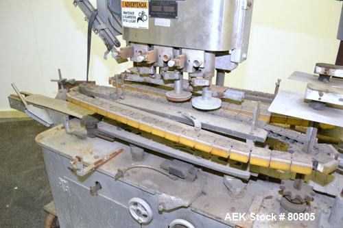 Used Resina Model U-30 Inline Quill Style Capper. Manufacturer rates at up to approximately 250 caps per minute on 13 mm to 38 mm or 43 mm to 70 mm cap size ranges, depending on change parts. This mo...