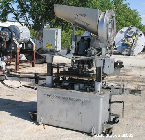 Used Resina Model U-30 Inline Quill Style Capper. Manufacturer rates at up to approximately 250 caps per minute on 13 mm to 38 mm or 43 mm to 70 mm cap size ranges, depending on change parts. This mo...