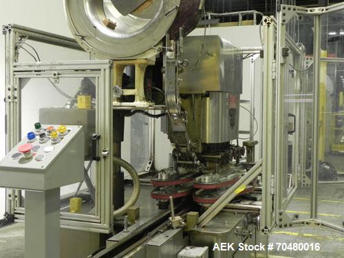 Used Resina Model U40-663 Automatic Inline Capper. Machine is capable of speeds up to 300 caps per minute. Adjustable from 10mm-70mm caps. Has top mounted cap sorter with hopper. Machine has 2HR pin ...