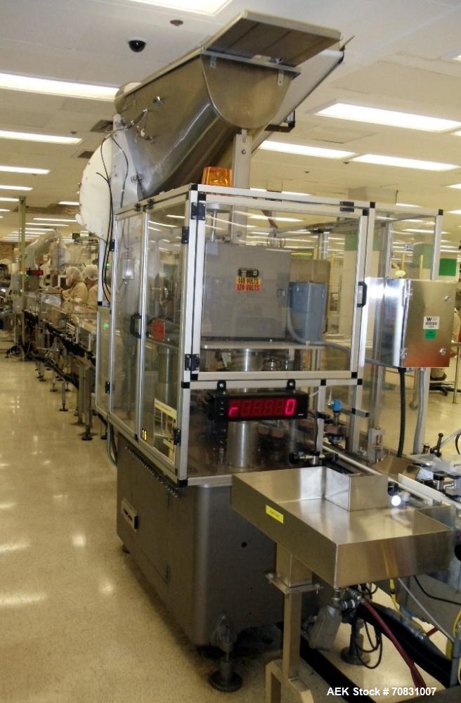 Used Resina Model U40 Automatic Inline Capper. Machine is capable of speeds up to 300 caps per minute. Is a 4 station capper with 8 spindle quills. Adjustable from 10mm-70mm caps. Has top mounted cap...