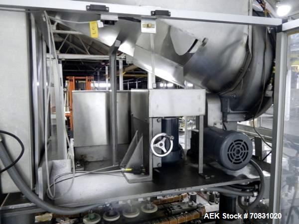Used Resina Model U40 Automatic Inline Capper. Machine is capable of speeds up to 300 caps per minute. Is a 4 station capper with 8 spindle quills. Adjustable from 10mm-70mm caps. Has top mounted cap...
