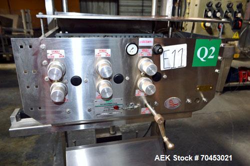 Used ELF ACT600L Automatic cap tightener. (6) Quill, rated up to 100 containers per minute. Cap size range 10mm-110mm diameter. Single belt unit C frame design. Mounted on casters. SELLING PRICE, AS ...