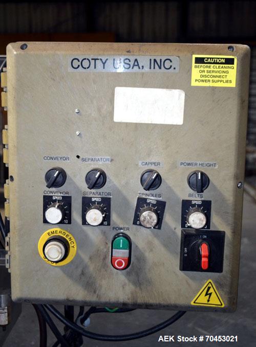Used ELF ACT600L Automatic cap tightener. (6) Quill, rated up to 100 containers per minute. Cap size range 10mm-110mm diameter. Single belt unit C frame design. Mounted on casters. SELLING PRICE, AS ...