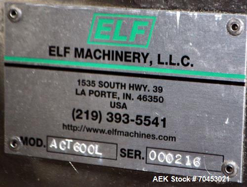 Used ELF ACT600L Automatic cap tightener. (6) Quill, rated up to 100 containers per minute. Cap size range 10mm-110mm diameter. Single belt unit C frame design. Mounted on casters. SELLING PRICE, AS ...
