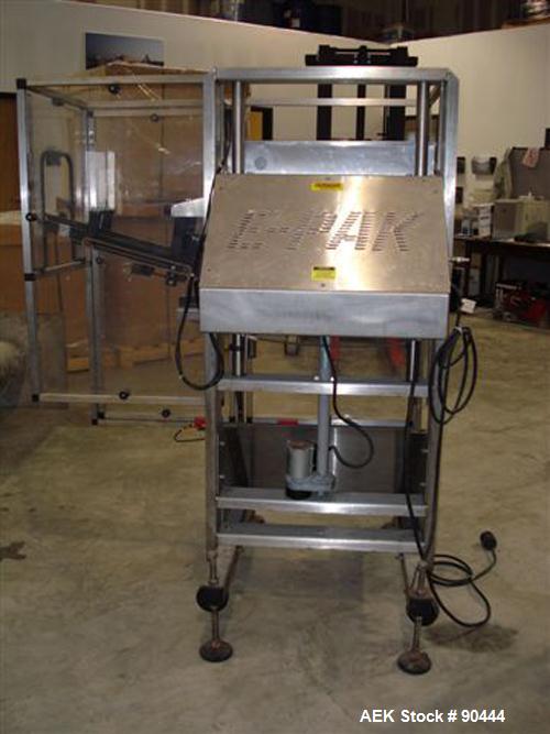 Used E-Pak (ELF) Semi Automatic Six Spindle Capper. (3) sets of (2) spindles. With cap chute feeder, cabable of speeds up to 120 CPM. Has C frame design to roll up to existing conveyor line. Cap size...