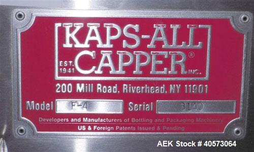 Used Kaps-All Model F4 Inline Quill Cap Tightener/Retorquer. Capable of speeds over 150 BPM. Cap size range: 13 to 70mm. Has single belt side grippers, C frame design with painted base. Last used in ...