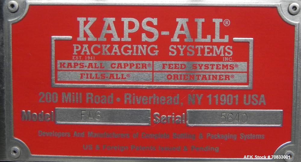 Used Kaps-All Model FA6 Industrial 6-Spindle Cap Retorquer. Machine is capable of speeds from 20 to 200 bottles per minute. Can handle caps of all materials from 8mm to 70mm (diameter). Can do pilfer...