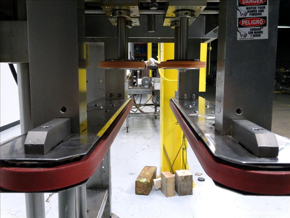 Used Kiss Packaging Model VCT-04 Automatic Cap Tightener/Retorquer. Capable of speeds over 100 containers per minute. Has an adjustable cap size range from 13mm - 110mm. Has 32" long single side belt...