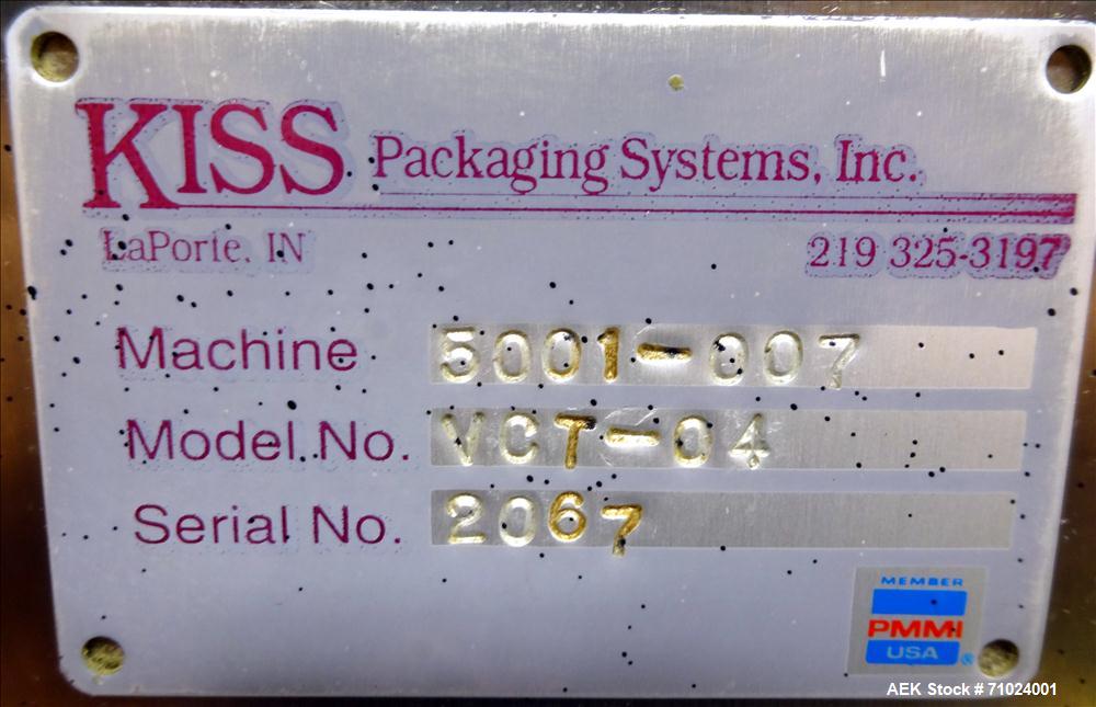 Used Kiss Packaging Model VCT-04 Automatic Cap Tightener/Retorquer. Capable of speeds over 100 containers per minute. Has an adjustable cap size range from 13mm - 110mm. Has 32" long single side belt...