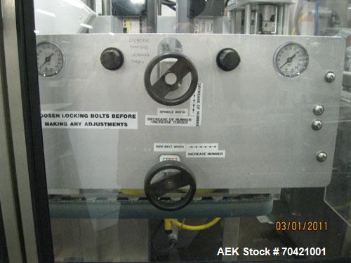 Used New England Machinery Cap Tightener and Retorquer, Model NEPMTE-1F-DB-2. Has dual cap tightening spindles. Single belt grippers. Cap size range:  12 mm to 100 mm or .5" to 4".  Container speeds ...