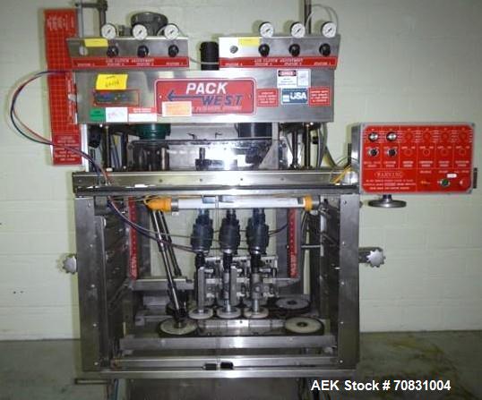 Used Pack West Auto Model AC-120 Cap Tightener & Retorquer. Capable of speeds up to 150 containers per minute. Cap size range: up to 53mm. All stainless steel frame. C frame design, mounts over exist...