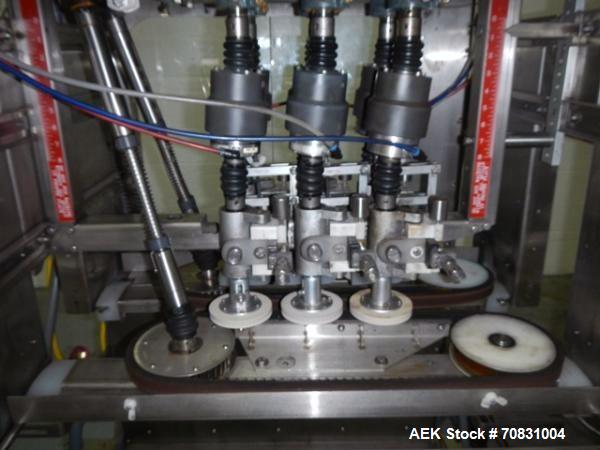 Used Pack West Auto Model AC-120 Cap Tightener & Retorquer. Capable of speeds up to 150 containers per minute. Cap size range: up to 53mm. All stainless steel frame. C frame design, mounts over exist...
