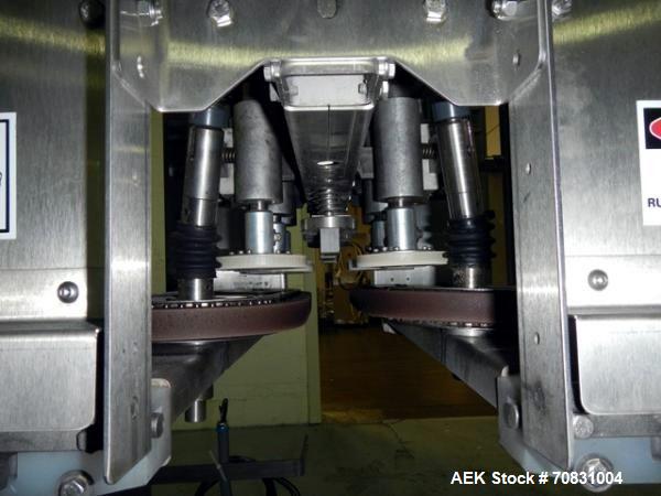 Used Pack West Auto Model AC-120 Cap Tightener & Retorquer. Capable of speeds up to 150 containers per minute. Cap size range: up to 53mm. All stainless steel frame. C frame design, mounts over exist...