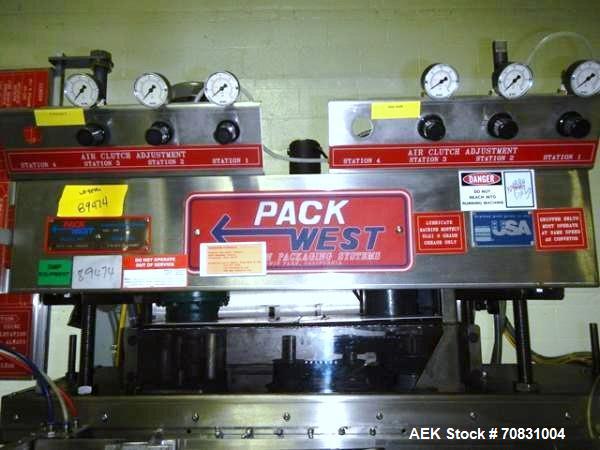 Used Pack West Auto Model AC-120 Cap Tightener & Retorquer. Capable of speeds up to 150 containers per minute. Cap size range: up to 53mm. All stainless steel frame. C frame design, mounts over exist...