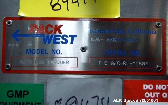 Used Pack West Auto Model AC-120 Cap Tightener & Retorquer. Capable of speeds up to 150 containers per minute. Cap size range: up to 53mm. All stainless steel frame. C frame design, mounts over exist...