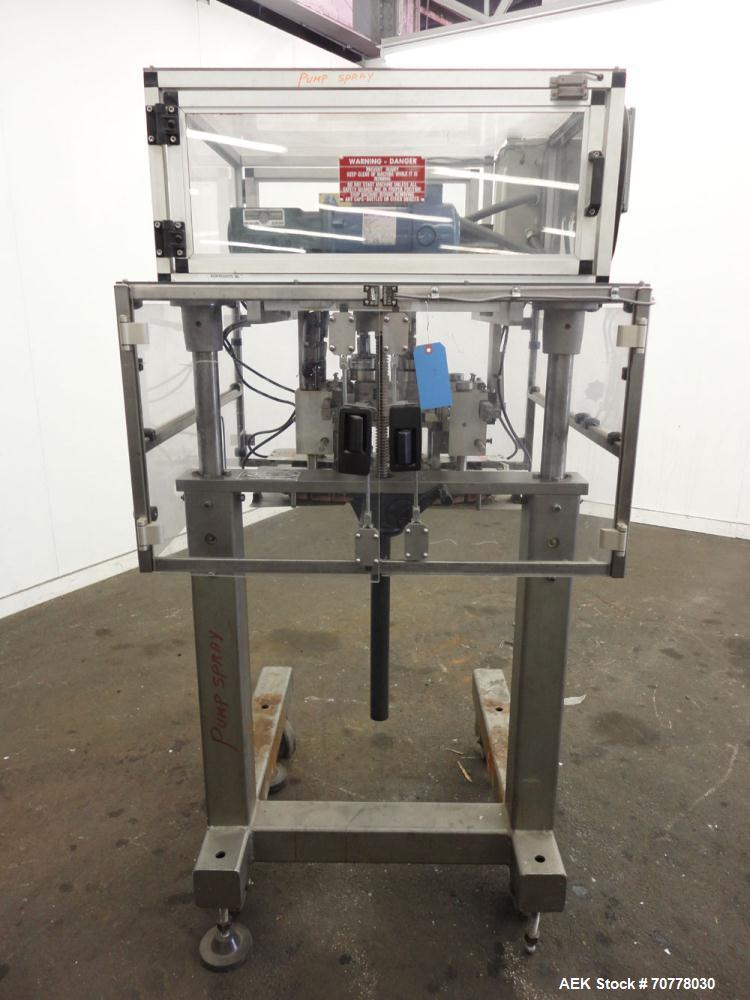 Used Resina Model RT-20 Cap Tightener Retorquer capable of speeds up to 90 bottles per minute. Cap size range: 13mm to 38mm. C frame design, has two sets of cap tightening wheels, single side belt gr...