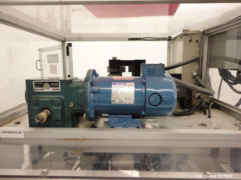 Used Resina Model RT-20 Cap Tightener Retorquer capable of speeds up to 90 bottles per minute. Cap size range: 13mm to 38mm. C frame design, has two sets of cap tightening wheels, single side belt gr...