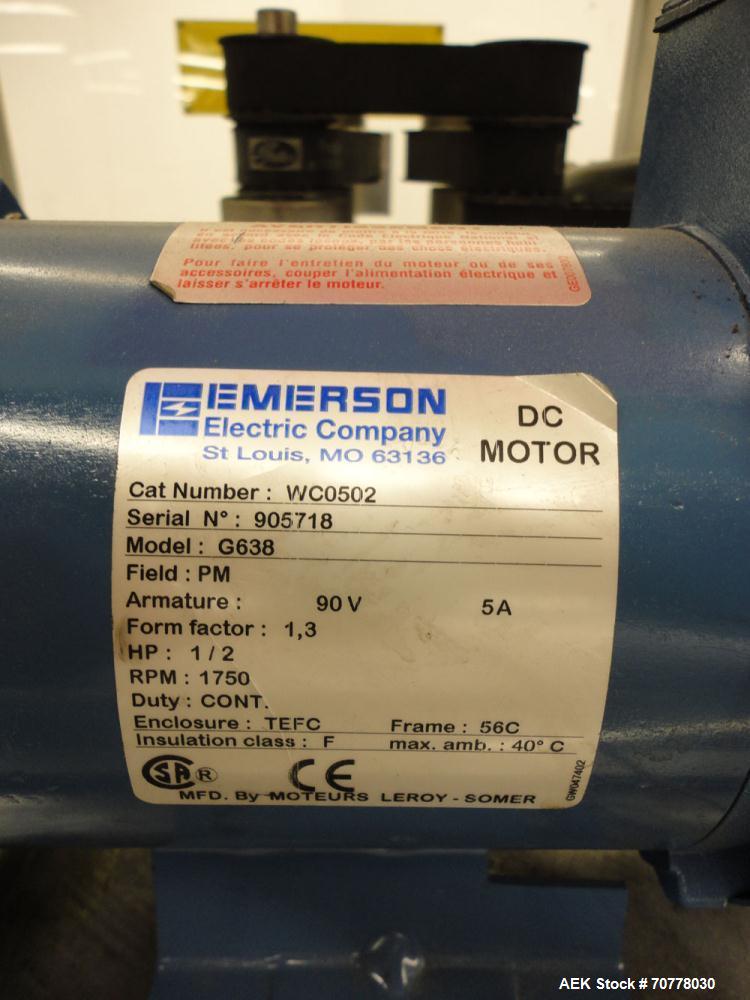 Used Resina Model RT-20 Cap Tightener Retorquer capable of speeds up to 90 bottles per minute. Cap size range: 13mm to 38mm. C frame design, has two sets of cap tightening wheels, single side belt gr...