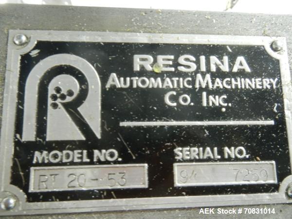 Used Resina Model RT20-53 Cap Tightener Retorquer. Capable of speeds up to 90 bottles per minute. Cap size range: 13mm to 38mm. C frame desing, has two sets of cap tightening wheel, single side belt ...