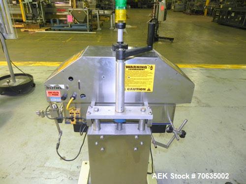 Used Automate Technologies Cap Induction Sealer, Model AM-20. Approximately 3" wide x 21" long seal area, air cooled. Mounted on a stainless steel adjustable height frame with casters.