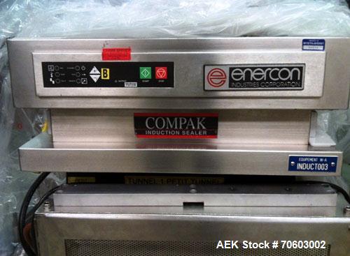 Used Enercon 3300 Induction Cap Sealing System consisting of: (1) Enercon Compak Induction Sealer, Model 3300. 3 KW output rating. Capable of speeds up to 300 FPM. Mounted on a stand. Includes a wate...