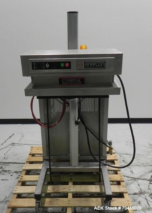 Used Enercon Model Compak 3100 Induction Sealer. Has 2" wide by 1" tall seal bar opening. Stainless steel enclosure, washdown unit. Mounts over conveyor. Has casters. Water cooled. 1 kw rated. 15 amp...